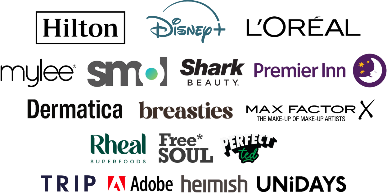 Logos of brands Izabela has worked with: Hilton, Disney+, L'Oréal, Mylee, smol, Shark Beauty, Premier Inn, Dermatica, breasties, Max Factor, Rheal Superfoods, Free Soul, Perfect Ted, TRIP, Adobe, heimish, UNiDAYS